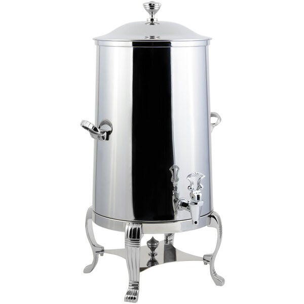 A stainless steel Bon Chef coffee chafer urn with chrome trim and a lid.