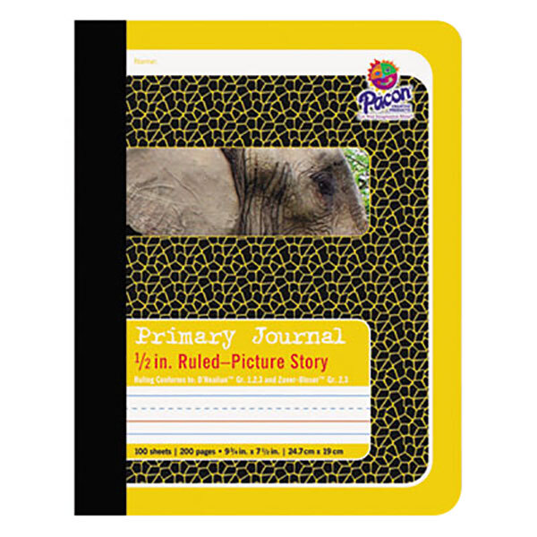 A yellow and black notebook with an elephant's face on the cover.