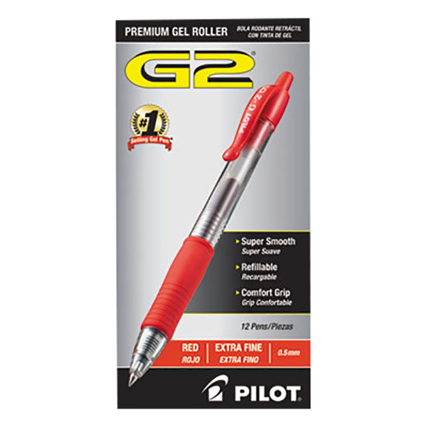 A close-up of a red Pilot G2 gel pen with a translucent barrel.