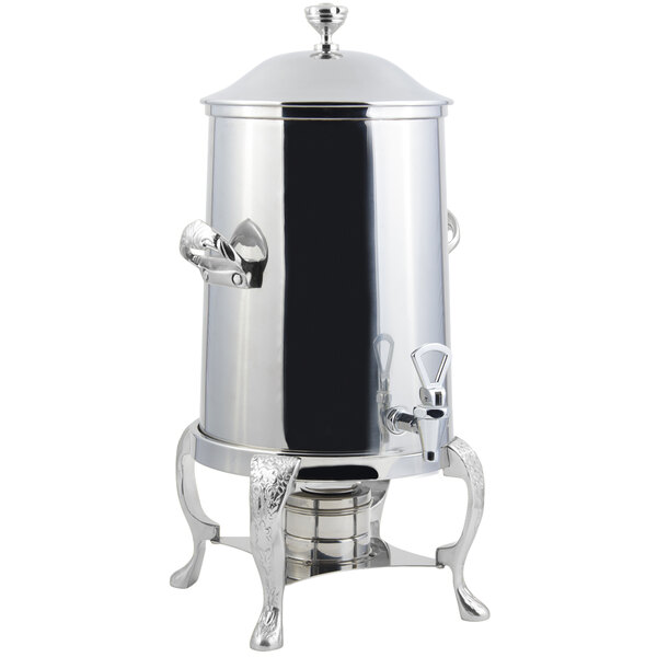 A Bon Chef stainless steel coffee chafer urn with chrome trim and a lid.