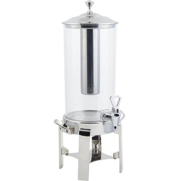 A stainless steel beverage dispenser with a silver cylinder and clear cover.