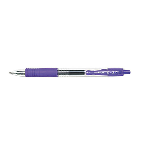 A close-up of a Pilot G2 purple gel pen with a translucent barrel and silver tip.