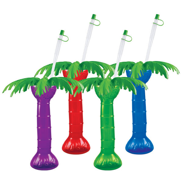 A group of colorful plastic palm tree drink holders with lids and straws.