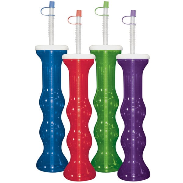 Three colorful plastic drinking cups with straws in a green, blue, and purple bottle with a red lid.