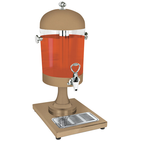 A bronze coated stainless steel beverage dispenser with an acrylic container and ice core on a stand.