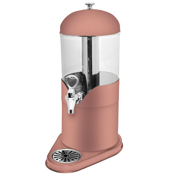 A pink and silver stainless steel juice dispenser with an acrylic container and ice core on a metal stand.