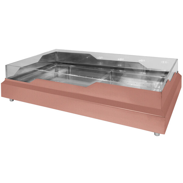A rectangular copper coated stainless steel raw bar with a wave design on a counter in a salad bar.