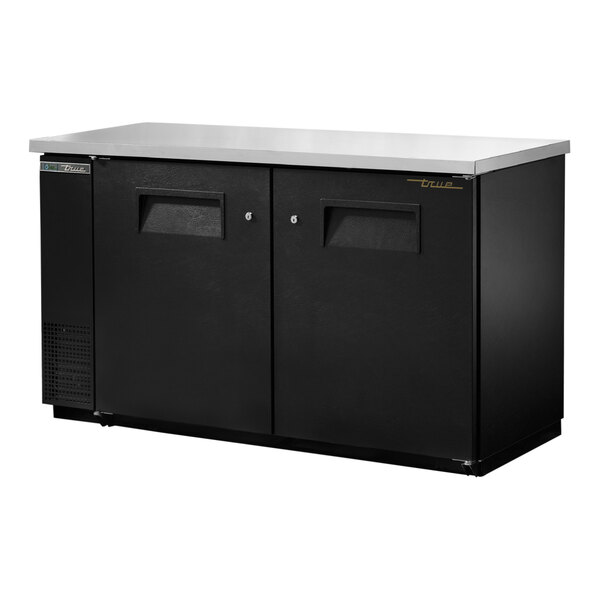 A black metal cabinet with two solid doors.
