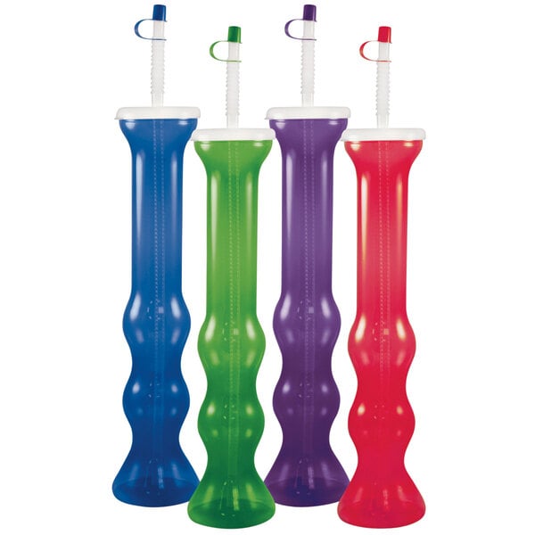 A group of colorful plastic cups with lids and straws.