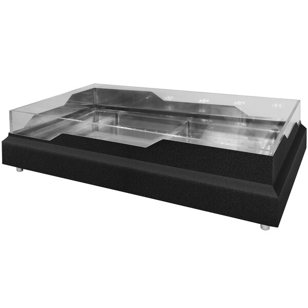 A black rectangular stainless steel raw bar with a wave design.