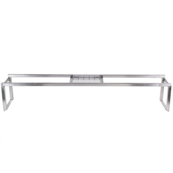 A stainless steel Bakers Pride overhead shelf with a metal frame and square shelf.