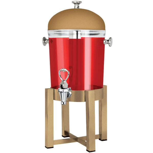 A bronze and red stainless steel beverage dispenser with a lid.