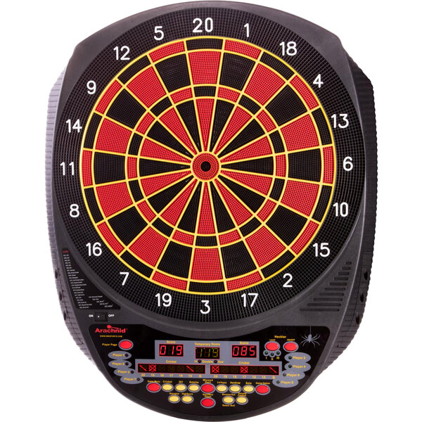 An Arachnid E520H electronic dartboard with red and yellow numbers in the center.