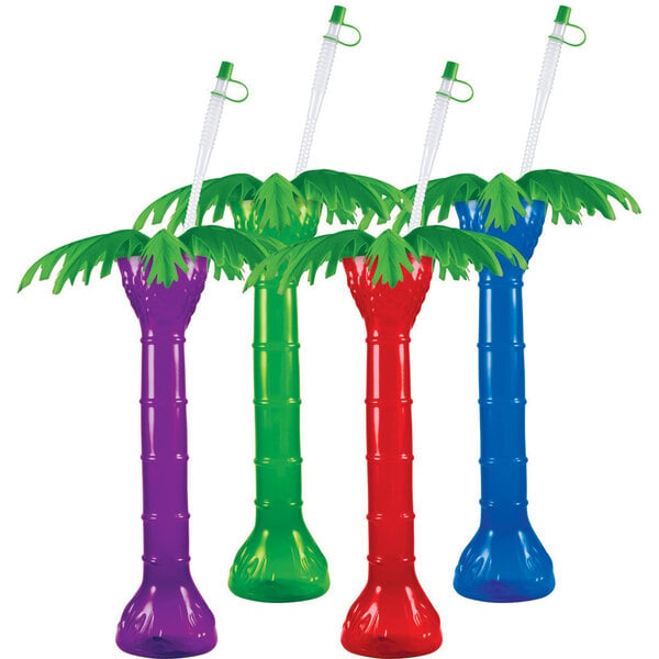 A group of colorful plastic cylinders with white lids and palm tree drink holders.