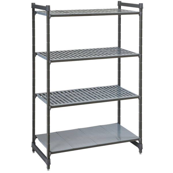 A Cambro Camshelving Basics Plus stationary starter unit with 3 vented shelves and 1 solid shelf in grey metal.