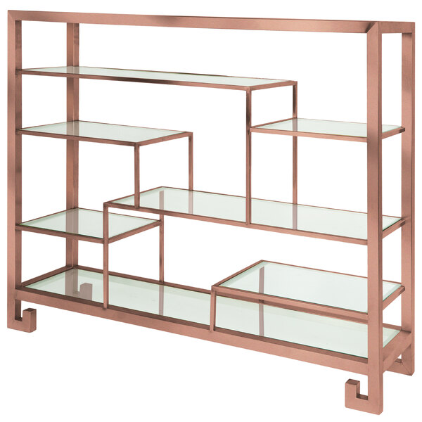 A copper coated stainless steel multi-level display stand with clear glass shelves on a metal frame.