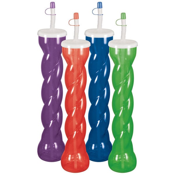 A 24 oz. plastic yarder with twisted jewel-colored balloons and lids in blue, green, purple, and red.