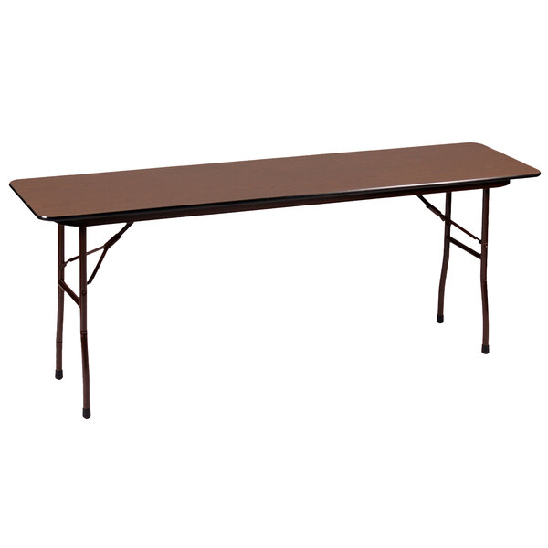 A brown rectangular Correll folding table with metal legs.