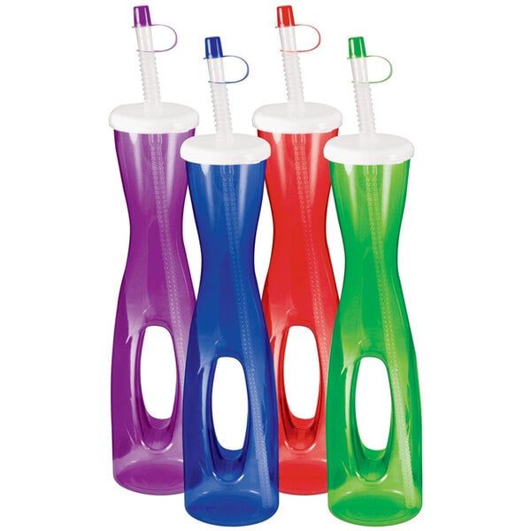 A group of red, blue, and green plastic yarders with lids and straws.