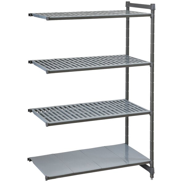 A grey metal Cambro Camshelving® Basics Plus add on unit with 3 shelves.