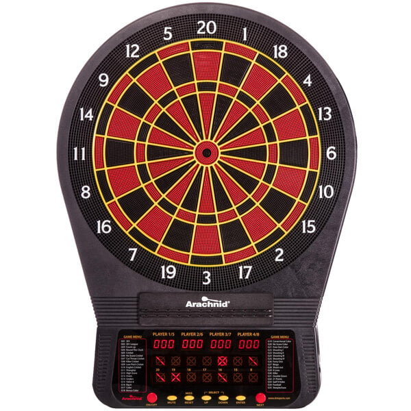 An Arachnid Cricket Pro 670 electronic dartboard with red and black numbers and a digital display.