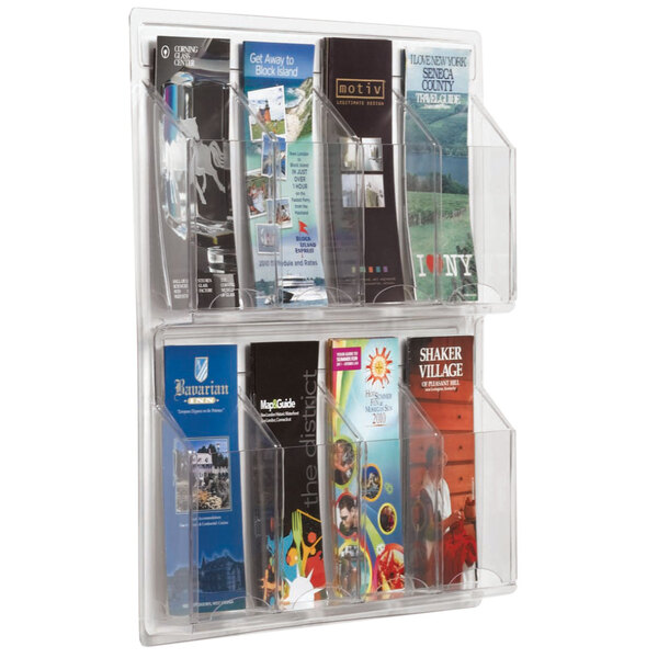 A clear plastic Aarco Clear-Vu pamphlet holder with several brochures.