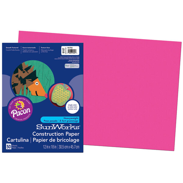 50 Sheets/Pack Hot Pink 58 lbs 12 x 18 Sunworks 9107 Construction Paper 