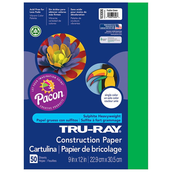 A package of Pacon Tru-Ray construction paper in festive green with white text on it.