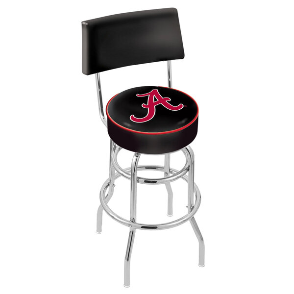 A black and chrome swivel bar stool with a black cushion and a red University of Alabama logo on the backrest.
