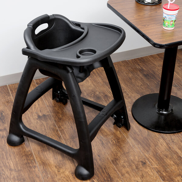 Lancaster Table & Seating Unassembled Standard Height Black Plastic Restaurant High Chair with Tray and Wheels