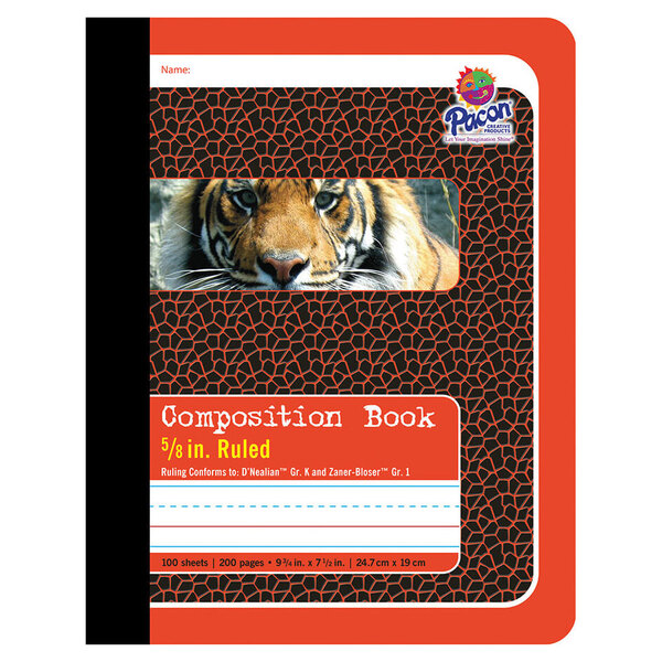 A red composition notebook with a tiger on the cover.