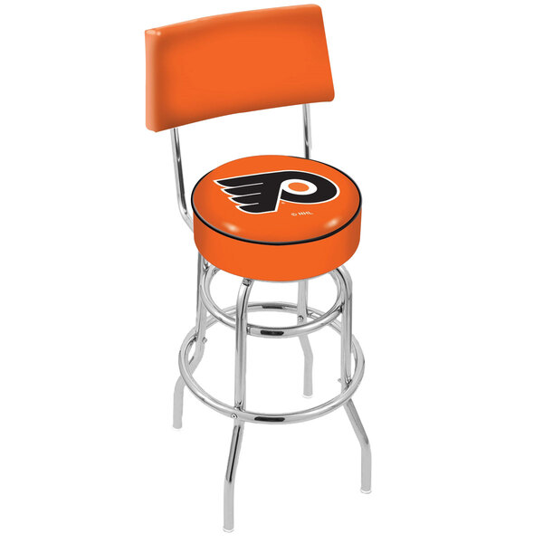 A Holland Bar Stool Philadelphia Flyers swivel stool with logo on the seat.