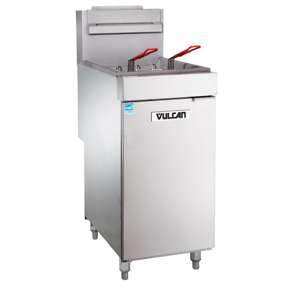 A Vulcan gas floor fryer with two red handles.