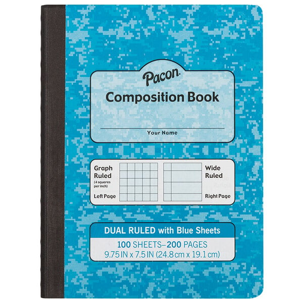 A blue Pacon composition book with white writing on the cover.