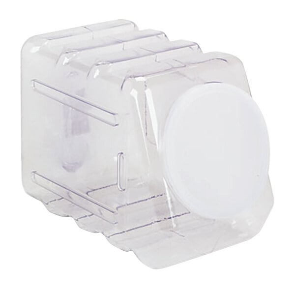 A clear plastic container with a white lid.