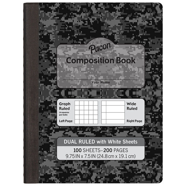 A black composition book with dual black and grey quadrille ruling covers.