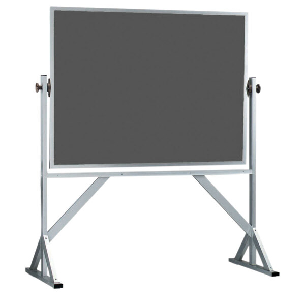 A grey Aarco chalkboard on a stand with a white border.