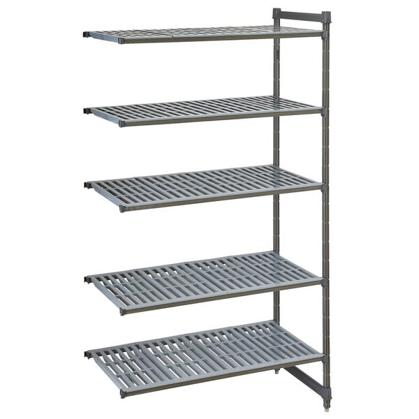 A grey plastic vented shelf unit with four shelves.