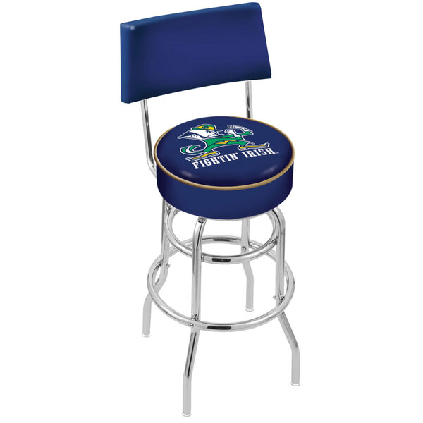 A blue and chrome Holland Bar Stool with University of Notre Dame logo on the seat.