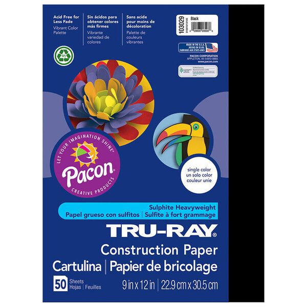 A blue box of 50 sheets of Pacon Tru-Ray black construction paper.