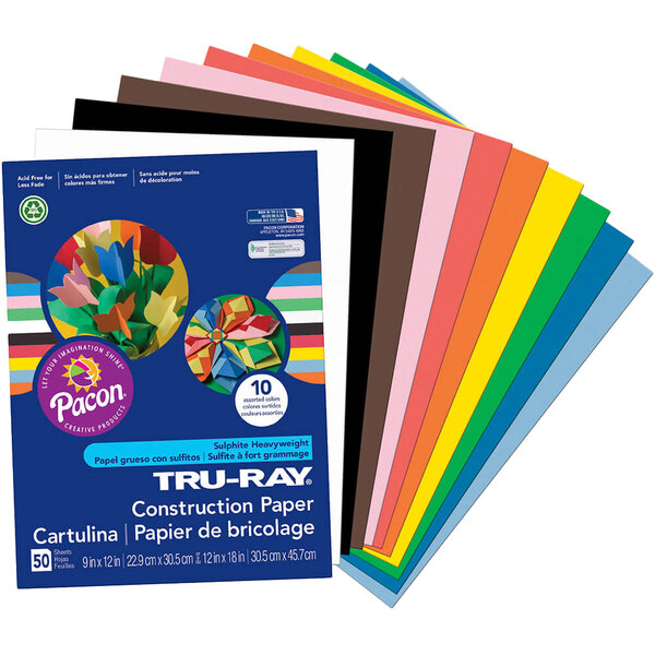 A blue package of Pacon Tru-Ray construction paper in various colors.