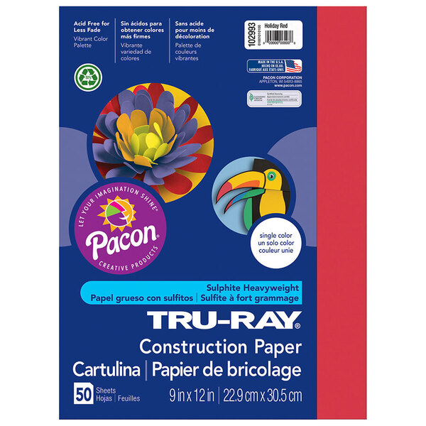 A blue and red package of Pacon Holiday Red construction paper with white text and colorful designs.