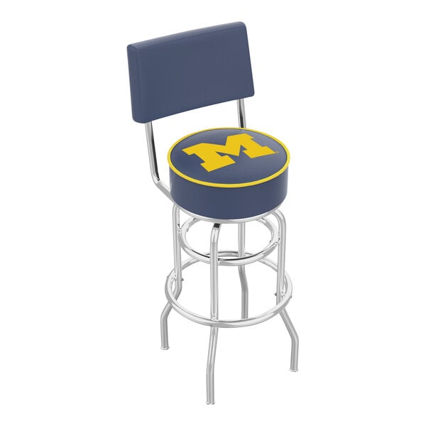 A blue Holland Bar Stool with a yellow University of Michigan logo on the seat and back.