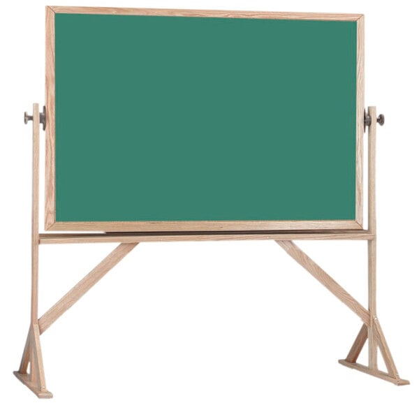 A green chalkboard on a stand with a wooden frame.