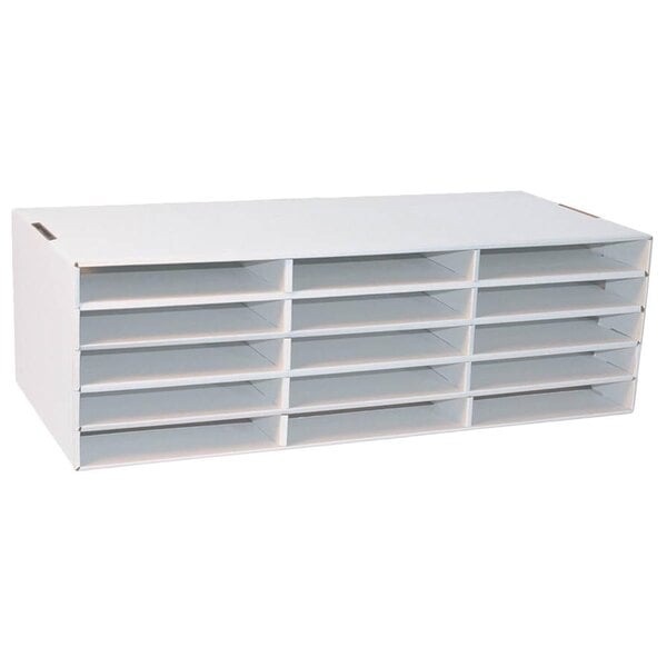A white rectangular Pacon corrugated paper storage box with many compartments.