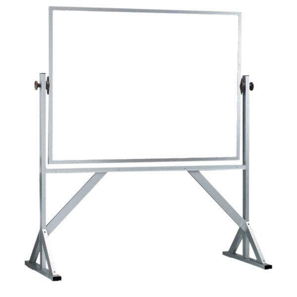 A white board with a satin aluminum stand.