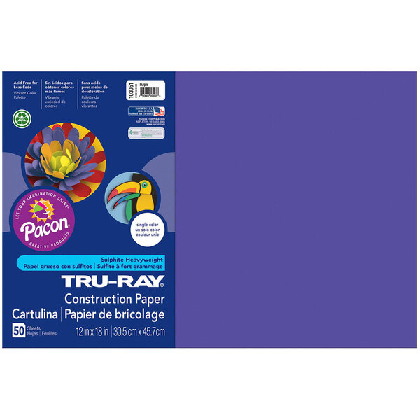 A blue package of Pacon Tru-Ray purple construction paper with colorful flowers and text on it.