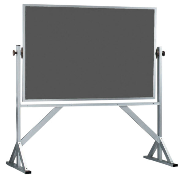 A grey rectangular Aarco chalkboard with a white metal stand.