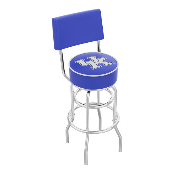 A blue and silver Holland Bar Stool with University of Kentucky Wildcats logo on the seat pad.
