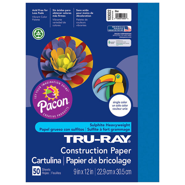 A blue box of Pacon Tru-Ray construction paper with blue and white labels.
